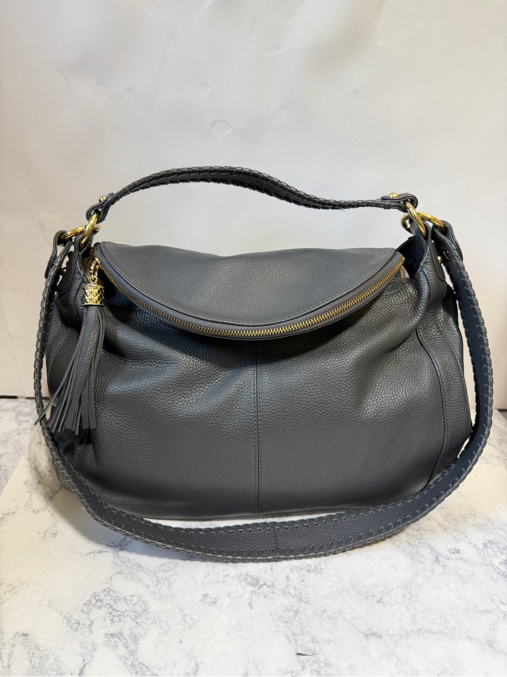 Onna Ehrlich Rachel pebbled Leather large Hobo crossbody Bag gray